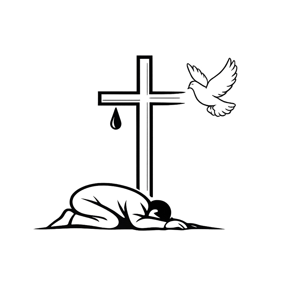 Line illustration of a person prostrating before a softly drawn cross with a blood drop and a dove descending